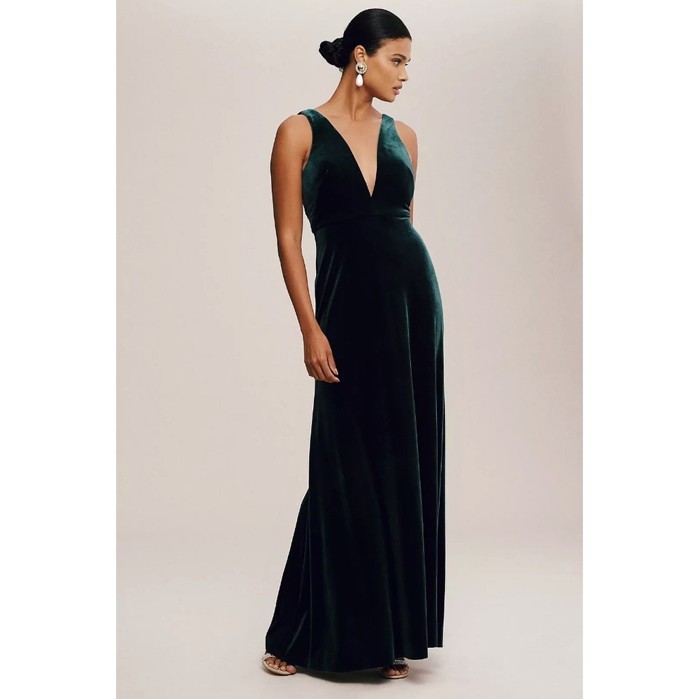 Anthropologie X Jenny Yoo Logan Dark Emerald Deep-V Velvet Column Gown